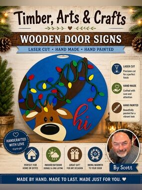Hand Crafted Wooden Door Hanger Laser Cut “Lights on the Reindeer saying…